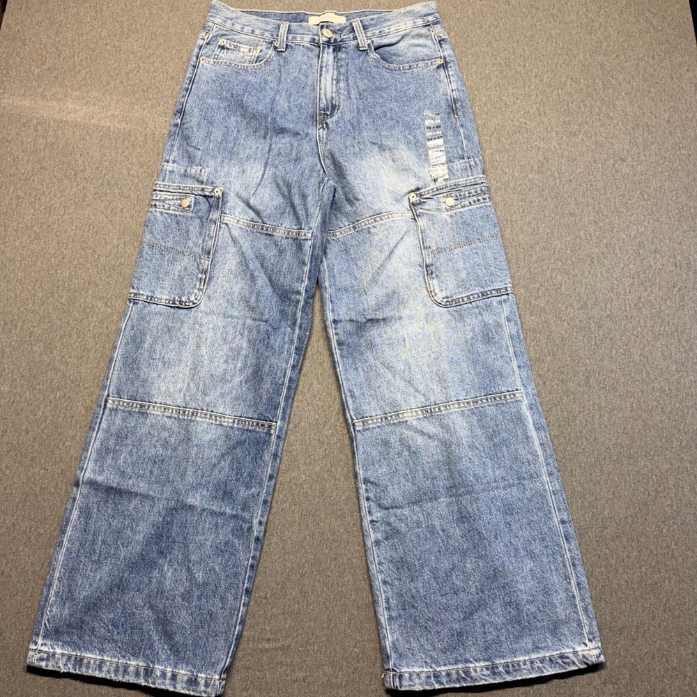 PacSun Extreme Baggy Cargo Jeans Light Wash Blue Denim Mens 30x30 Wide Leg